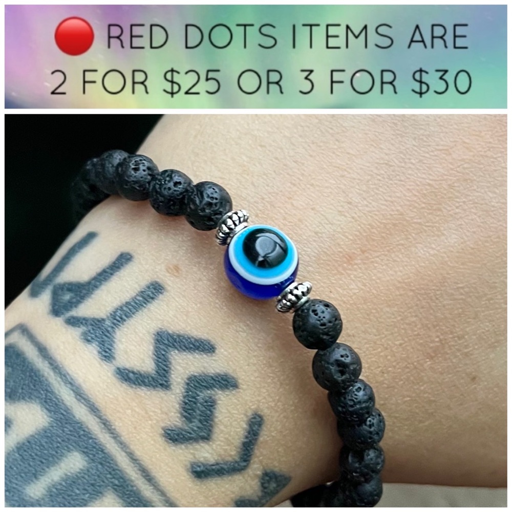 🔴Handmade boho blue evil eye charm & black lava rock bead bracelet